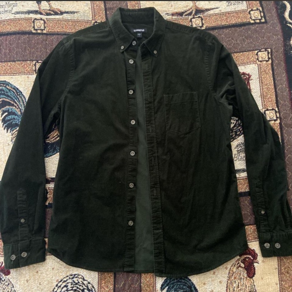 Express Men's Dark Olive Green Corduroy Button-Down Shirt